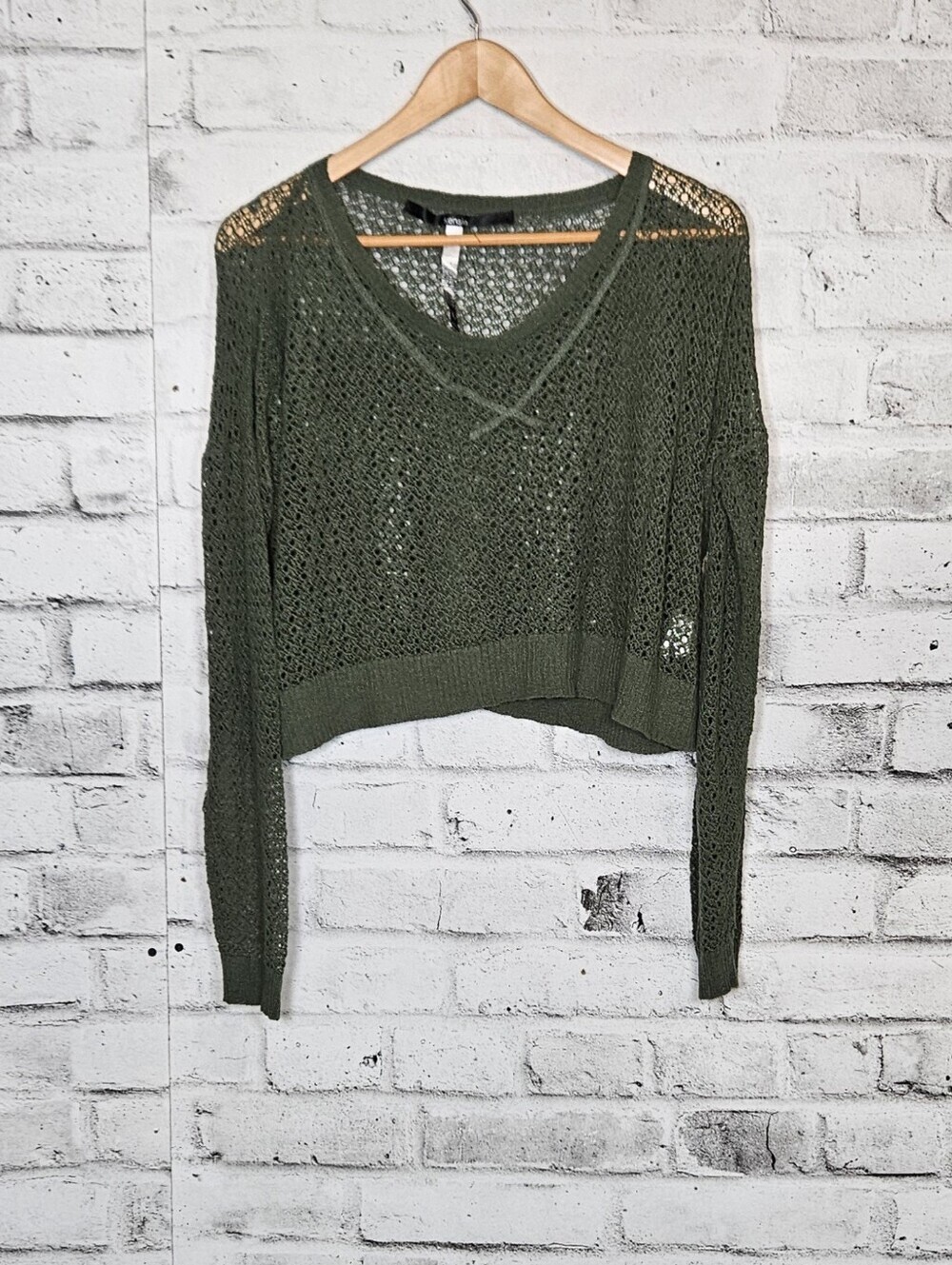 Kensie Open Knit Cropped Sweater Olive Green Boho Festival Womens L